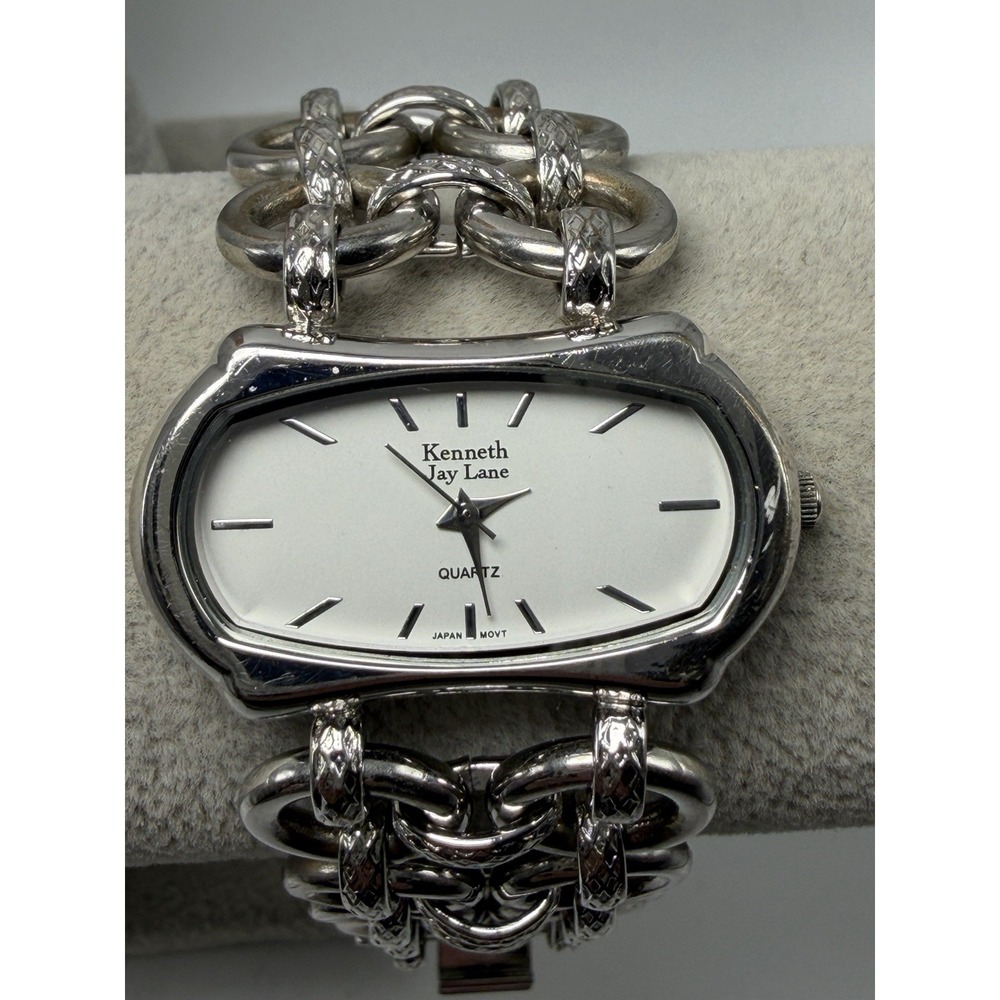 Kenneth Jay Lane New Battery Ladies Watch 38MM 7" Silver Tone Hoop Links